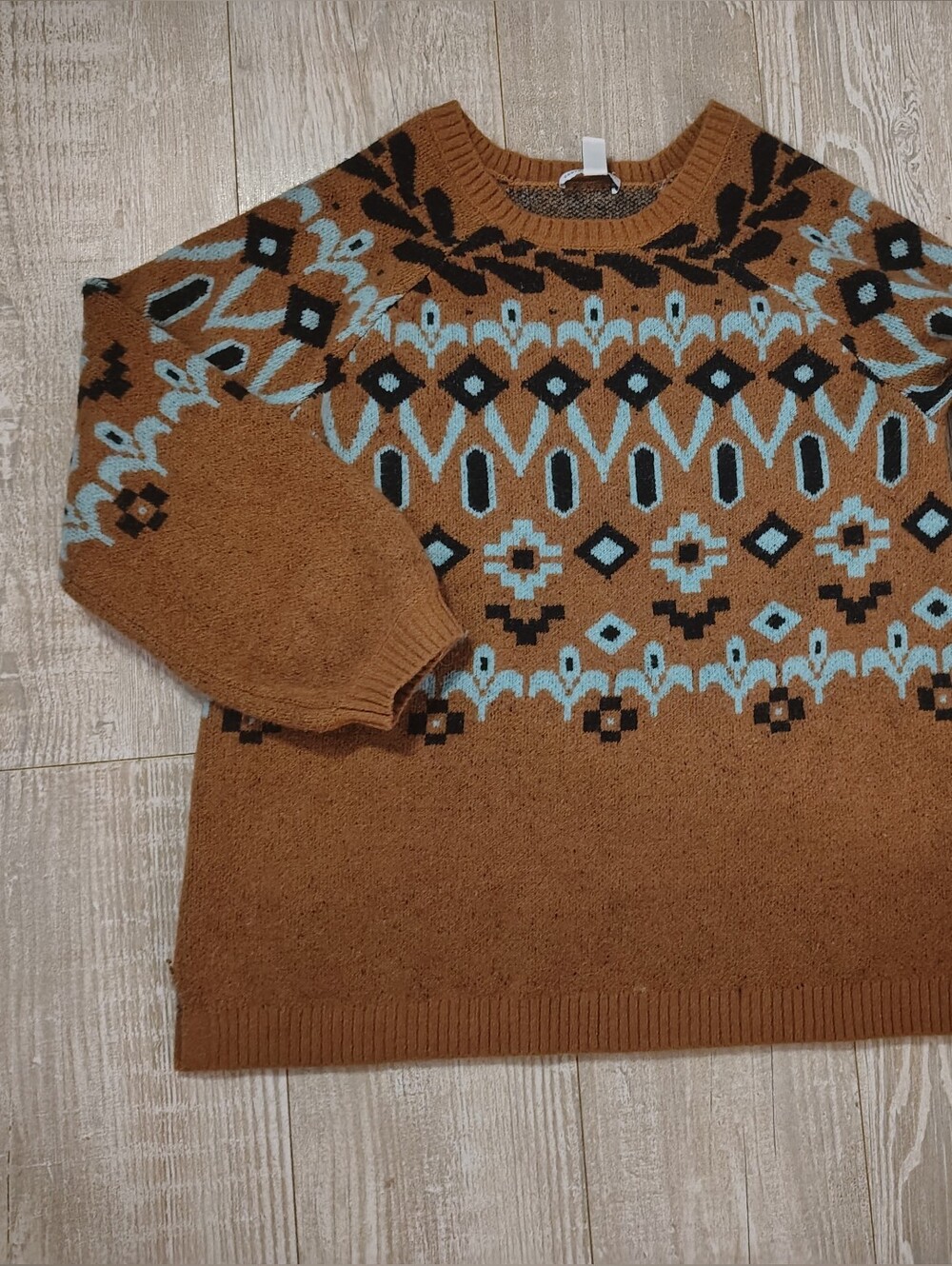 Chunky Cowl-Neck Fair Isle Sweater in Brown and Light Blue